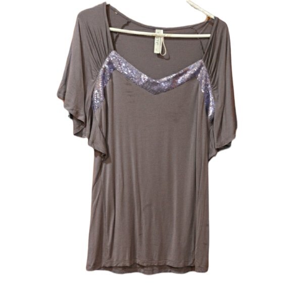 Kische Silver Gray Sequin Flutter Sleeve Top Rayon LG - Picture 1 of 8